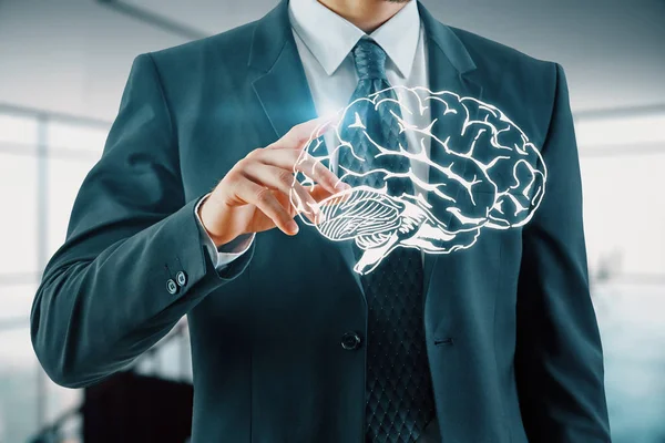 Двойное воздействие эскиза человеческого мозга и человеческой руки. Концепция мозгового штурма . — стоковое фото