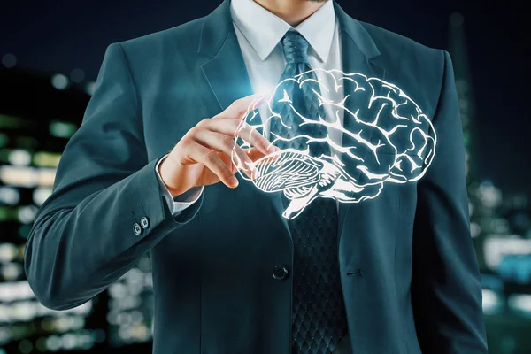 Doble exposición del dibujo del cerebro humano y la mano del hombre. Concepto de lluvia de ideas . — Foto de Stock