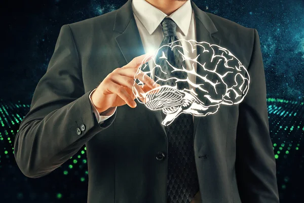 Doble exposición del dibujo del cerebro humano y la mano del hombre. Concepto de lluvia de ideas . — Foto de Stock