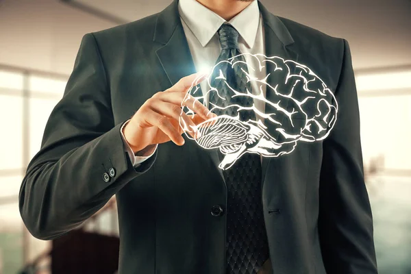 Doble exposición del dibujo del cerebro humano y la mano del hombre. Concepto de lluvia de ideas . — Foto de Stock