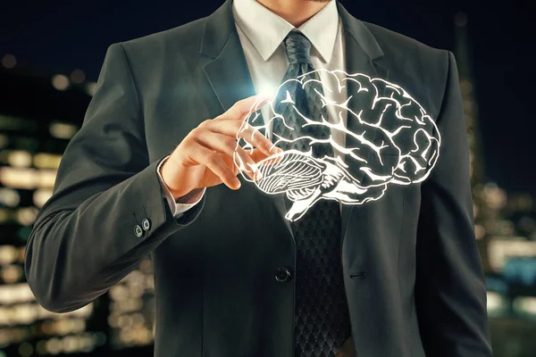 Doble exposición del dibujo del cerebro humano y la mano del hombre. Concepto de lluvia de ideas . —  Fotos de Stock