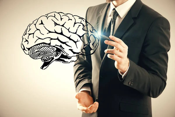 Διπλή έκθεση του ανθρώπινου εγκεφάλου σκίτσο και το χέρι του ανθρώπου. Έννοια της καταιγισμού ιδεών. — Φωτογραφία Αρχείου