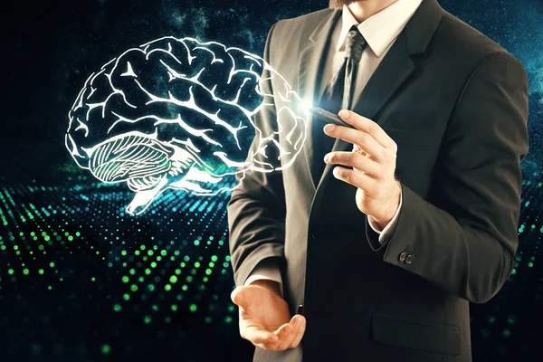 Doble exposición del dibujo del cerebro humano y la mano del hombre. Concepto de lluvia de ideas . — Foto de Stock