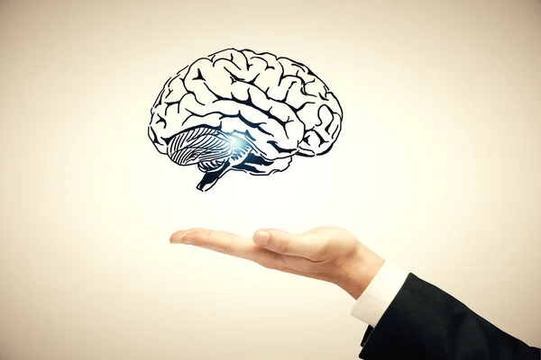 Dubbel exponering av mänsklig hjärna skiss och man hand. Brainstorming koncept. — Stockfoto
