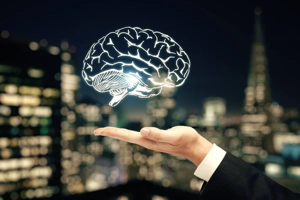 Dubbele blootstelling van menselijke hersenen schets en man hand. Brainstorm concept. — Stockfoto