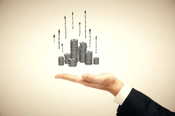 Double exposure with growth coins columns and man hand. Concept of success savings and capital. — Stock Photo, Image