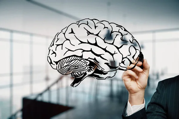 Doble exposición del dibujo del cerebro humano y la mano del hombre. Concepto de lluvia de ideas . — Foto de Stock