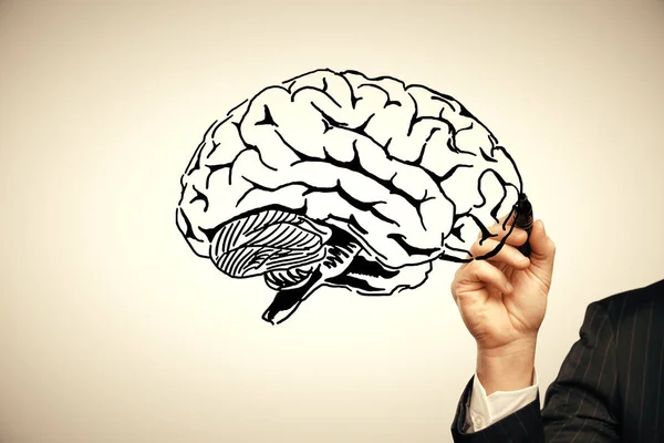 Dubbel exponering av mänsklig hjärna skiss och man hand. Brainstorming koncept. — Stockfoto