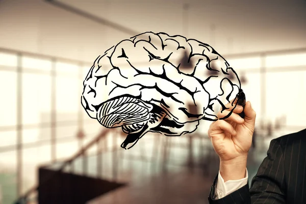 Doble exposición del dibujo del cerebro humano y la mano del hombre. Concepto de lluvia de ideas . — Foto de Stock