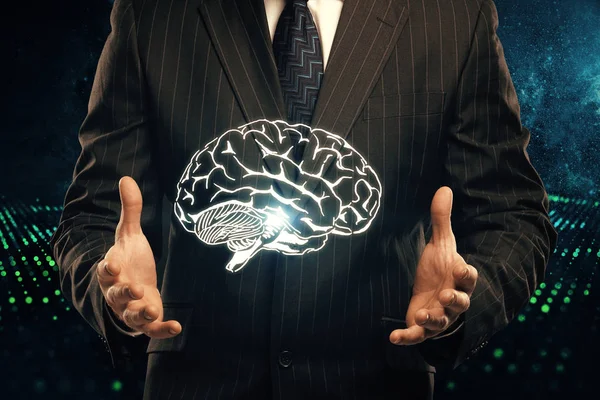 Doble exposición del dibujo del cerebro humano y la mano del hombre. Concepto de lluvia de ideas . — Foto de Stock