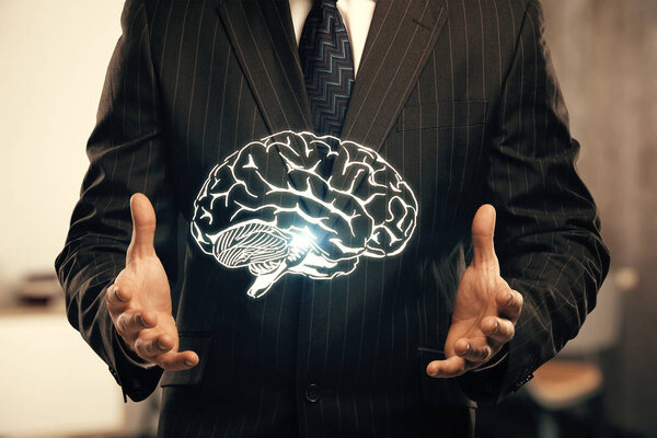 double exposure of human brain sketch and man hand. Brainstorming concept.