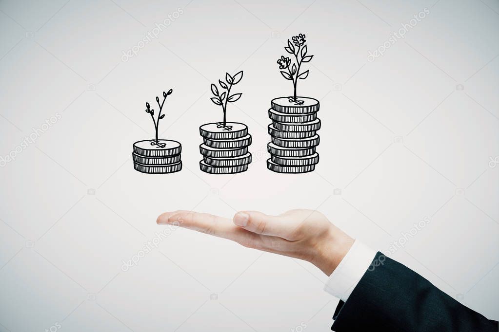 Double exposure with growth coins columns and man hand. Concept of success savings and capital.