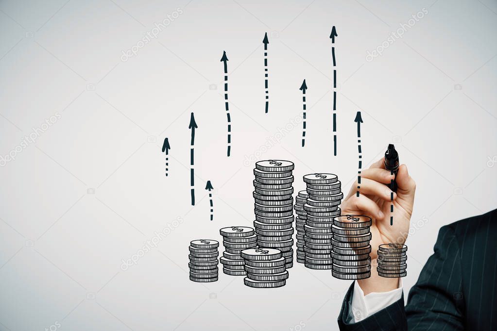 Double exposure with growth coins columns and man hand. Concept of success savings and capital.