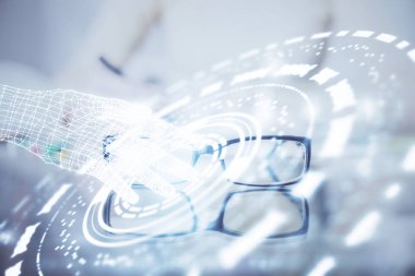 Arka planda veri çözeltisi teknolojisi hologramıyla el yazısının iki katına çıkarılması. Ai kavramı.