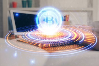 Kripto para birimi hologramı, notlar alan ellerin üzerinde arka plan. Blockchain kavramı. Çoklu pozlama