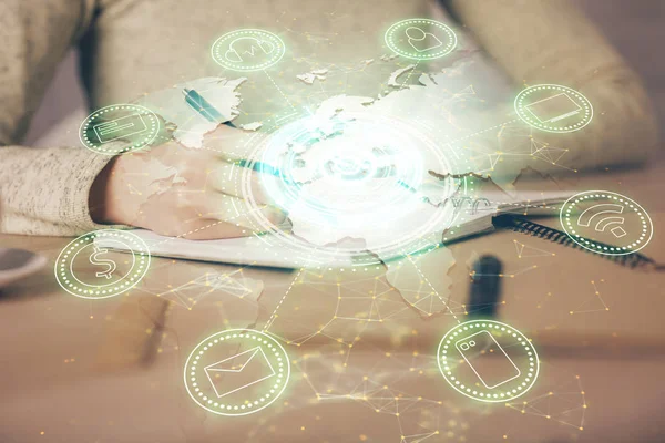Social network theme hologram over hands taking notes background. Concept of global international people connect. Double exposure — Stock Photo, Image