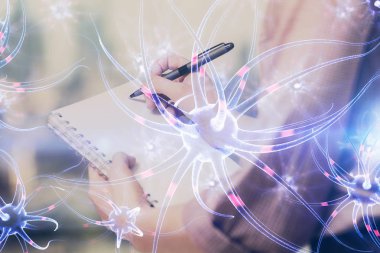 El üstünde tutulan nöron hologramı. Araştırma ve öğrenim kavramı. Çift pozlama