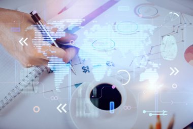 Çifte pozlama uluslararası bağlantı konsepti simgelerine sahip bir adam.