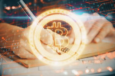 Kripto para birimi hologramı, notlar alan ellerin üzerinde arka plan. Blockchain kavramı. Çoklu pozlama