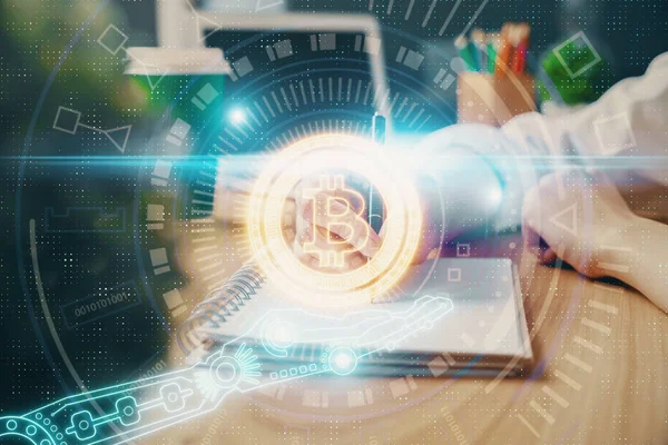 Kripto para birimi hologramı, notlar alan ellerin üzerinde arka plan. Blockchain kavramı. Çoklu pozlama — Stok fotoğraf