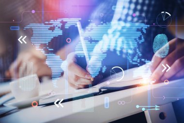 Çifte pozlama uluslararası bağlantı konsepti simgelerine sahip bir adam.