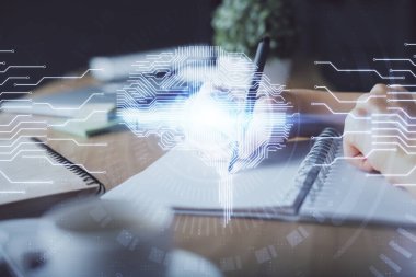 Arka planda beyin hologramıyla el yazısına çok maruz kalmış. Kendi kendine öğrenme kavramı.