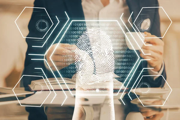 Concept van de toekomst van beveiliging en wachtwoordcontrole door middel van geavanceerde technologie. De vingerafdrukscan biedt veilige toegang met biometrische identificatie. Meervoudige blootstelling. — Stockfoto