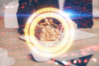 Kripto para birimi hologramı, notlar alan ellerin üzerinde arka plan. Blockchain kavramı. Çoklu pozlama