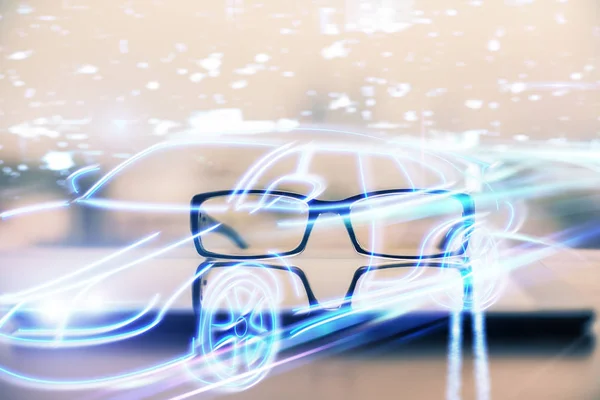 Automobile theme hologram with glasses on the table background. Autopilot concept. Double exposure.