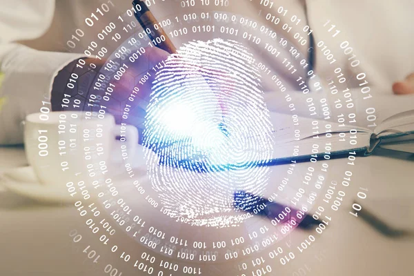 Concept of the future of security and password control through advanced technology. Fingerprint scan provides safe access with biometrics identification. Multi exposure.