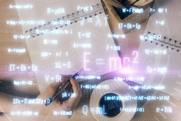 Science formula hologram over womans hands taking notes background. Concept of study. Multi exposure — Stock Photo, Image