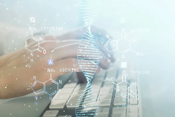 DNA hologram s obchodníkem pracující na počítači na pozadí. Pojem bioinženýrství. Dvojitá expozice. — Stock fotografie