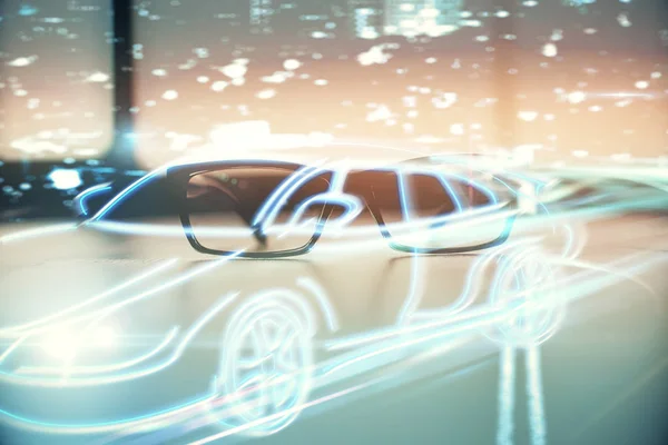 Automobile theme hologram with glasses on the table background. Autopilot concept. Double exposure.