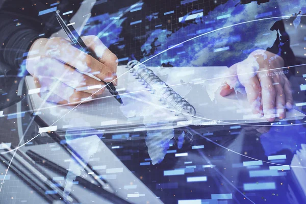Dupla expozíció írás kezét a háttérben adatmegoldás hologram elöl. Technológiai koncepció. Közelről. — Stock Fotó