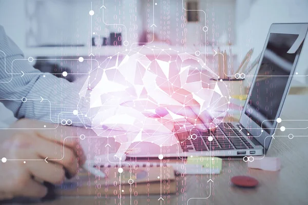 Hombre escribiendo en el fondo del teclado con holograma cerebral. Concepto de big data. Doble exposición. —  Fotos de Stock