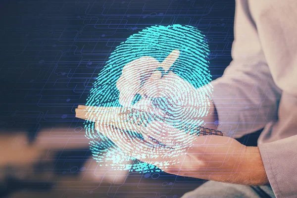 A biztonság és a jelszóellenőrzés jövőjének koncepciója a fejlett technológián keresztül. Az ujjlenyomat szkennelés biztonságos hozzáférést biztosít a biometrikus azonosításhoz. Többszörös expozíció. — Stock Fotó