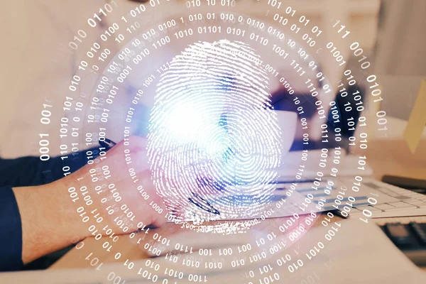 Concept of the future of security and password control through advanced technology. Fingerprint scan provides safe access with biometrics identification. Multi exposure.