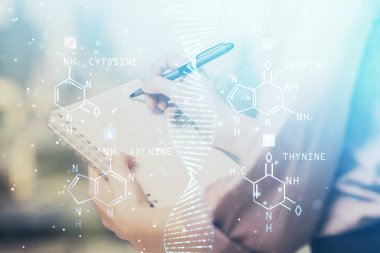 Kadınların el yazısı üzerine DNA temalı hologram. Eğitim kavramı. Çift pozlama