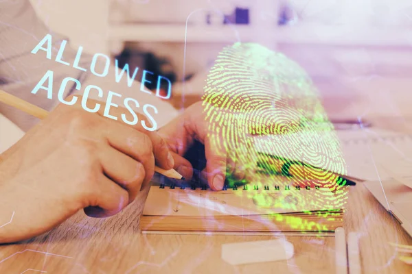 Begreppet framtiden för säkerhet och lösenordskontroll genom avancerad teknik. Fingeravtrycksläsning ger säker åtkomst med biometrisk identifiering. Multiexponering. — Stockfoto