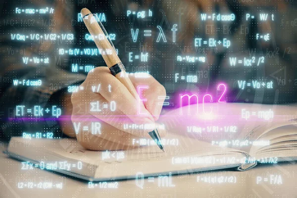 Science formula hologram over womans hands taking notes background. Concept of study. Multi exposure — Stock Photo, Image