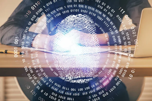 Concept of the future of security and password control through advanced technology. Fingerprint scan provides safe access with biometrics identification. Multi exposure.