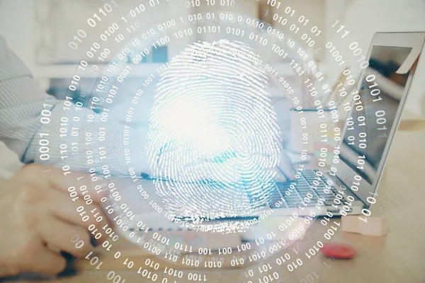 Holograma de impressões digitais com empresário trabalhando no computador em segundo plano. Conceito de segurança. Dupla exposição. — Fotografia de Stock