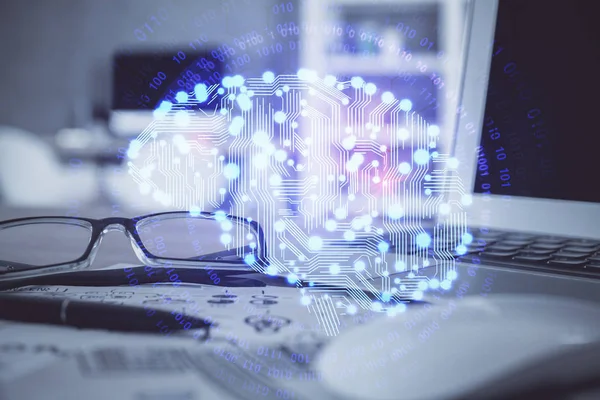 Brain drawings with glasses on the table background. Double exposure. — Stock Photo, Image