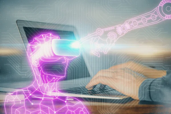 AR hologram with man working on computer on background. Augmented reality concept. Double exposure. — Stock Photo, Image