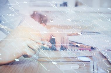 Veri teması çoklu pozlama simgeleri ile insan elleri yazılıyor.