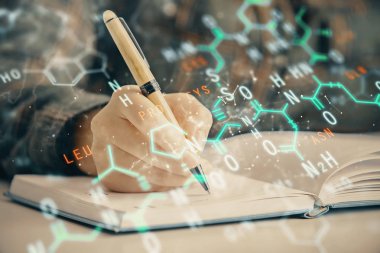 Fen formülü hologramı, kadınların ellerinin altyapısını belirler. Öğrenim anlayışı. Çoklu pozlama