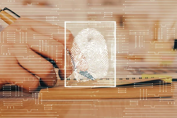 Concept of the future of security and password control through advanced technology. Fingerprint scan provides safe access with biometrics identification. Multi exposure.