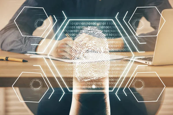 Концепція майбутнього безпеки та контролю паролів за допомогою передових технологій. Сканування відбитків пальців забезпечує безпечний доступ до ідентифікації біометрії. Мульти експозиція . — стокове фото