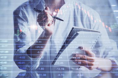 Finansal grafik el notları arka plan alarak üzerinde çizilmiş. Araştırma kavramı. Çoklu pozlama