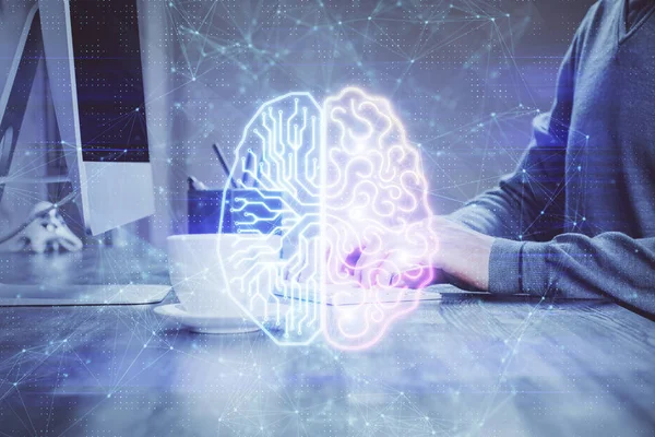 Man met computer achtergrond met hersenthema hologram. Concept van brainstorm. Dubbele blootstelling. — Stockfoto